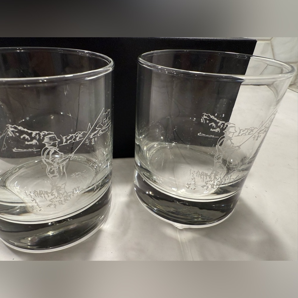 Selbrae House Clear Etched Glass Fishing Tumblers NEW Liquor Scotland Flyfish